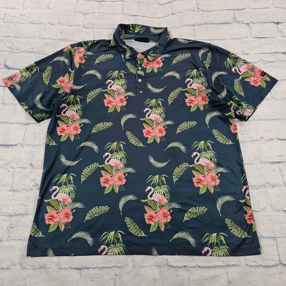 Yatta Golf Polo Shirt Mens XXL Flamingo Hibiscus Tropical Stretch Performance